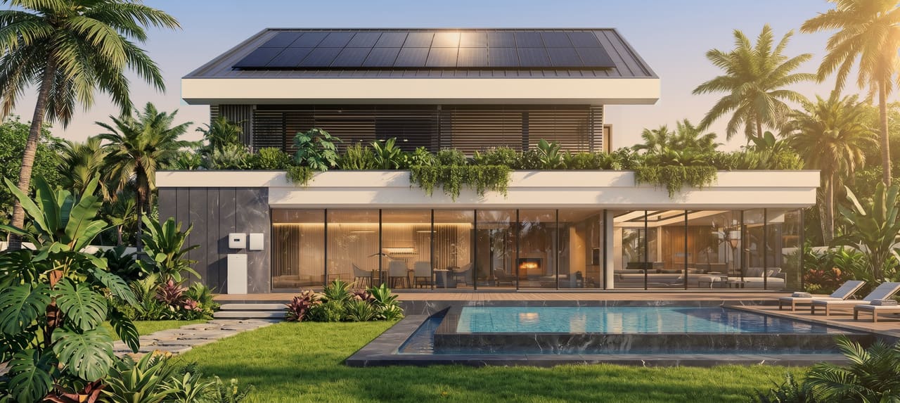 Illustration: a two-storey tropical home with 24 solar panels on the roof, and an inverter, backup box and battery on the marble wall by the garden